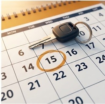 Car key on calendar with expiration date circled — act before your temp tag expires