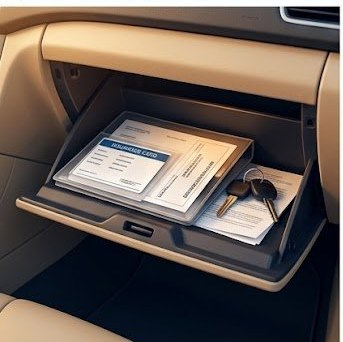 Organized car glovebox with registration, insurance card, and documents — keep temp tag paperwork here