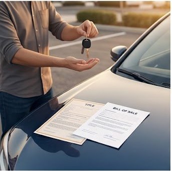 Key handoff during a private vehicle sale — title paperwork should be on the hood before keys change hands